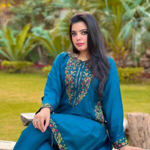2 Pcs Women’s Stitched Linen Sequins Embroidered Shirt And Trouser