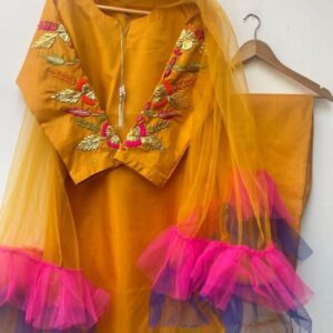 Exquisite Women’s Stitched Embroidered Suit – 3 Pcs Set in Mustard Katan Silk