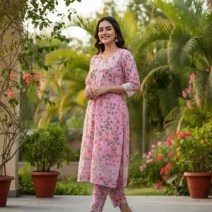 Stylish Women’s Stitched Printed Shirt And Trouser Set – 2 Pcs in Pink – Crystal Wool Fabric