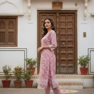 Stylish Women’s Stitched Printed Shirt And Trouser Set – 2 Pcs in Pink – Crystal Wool Fabric