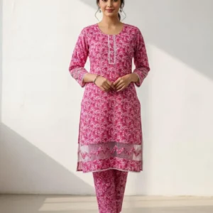 Stylish Women’s Stitched Printed Shirt And Trouser Set – 2 Pcs in Pink – Crystal Wool Fabric