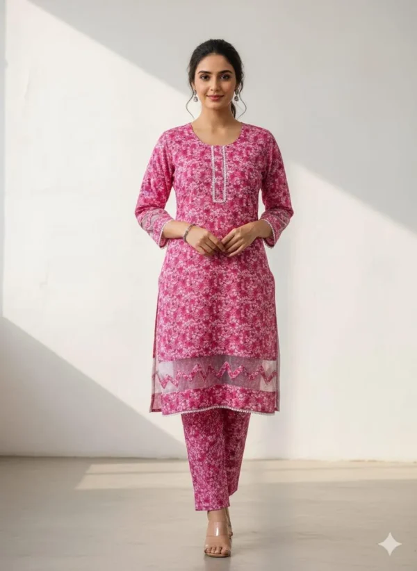 Stylish Women's Stitched Printed Shirt And Trouser Set - 2 Pcs in Pink - Crystal Wool Fabric