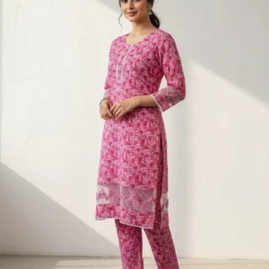 Stylish Women’s Stitched Printed Shirt And Trouser Set – 2 Pcs in Pink – Crystal Wool Fabric