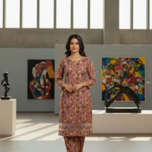Stylish Printed Women’s Shirt And Trouser Set – 2 Pcs in Peach Crystal Wool