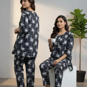 Chic Black Women’s Stitched Shirt and Trouser Set – 2 Pcs in Crystal Wool, Printed Design