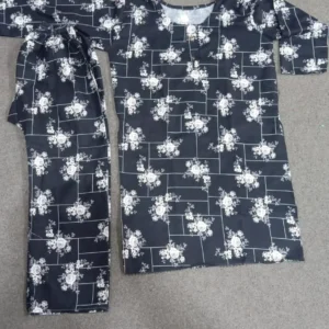 Chic Black Women’s Stitched Shirt and Trouser Set – 2 Pcs in Crystal Wool, Printed Design