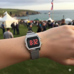 Women’s Chic Digital LED Watch with Crystal Embellished Bezel and Grey Silicone Strap