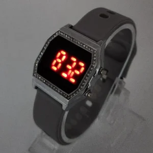 Women’s Chic Digital LED Watch with Crystal Embellished Bezel and Grey Silicone Strap