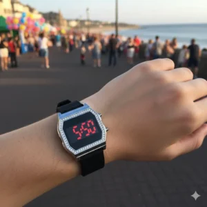 Chic Digital LED Watch with Crystal Embellished Bezel and Black Silicone Strap