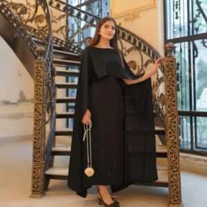Stunning Black Shamoz Silk Maxi Dress with Cap Shawl – 2 Pcs