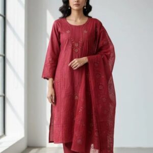 Chic V-Neck Embroidered 3 Pcs Women’s Stitched Suit in Red Linen