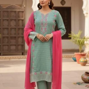 Elegant Green Linen Stitched Suit – 3 Pcs Ensemble with Embroidered Shirt, Plain Trouser & Chiffon Dupatta