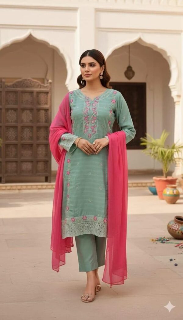Elegant Green Linen Stitched Suit - 3 Pcs Ensemble with Embroidered Shirt, Plain Trouser & Chiffon Dupatta