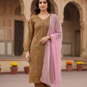 Brown Embroidered Linen Suit with Chiffon Dupatta – 3 Pcs