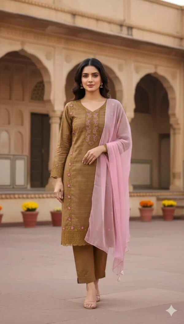 Brown Embroidered Linen Suit with Chiffon Dupatta - 3 Pcs