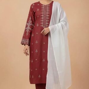 Stunning Maroon Embroidered Linen Suit – 3 Pcs Women’s Stitched Outfit