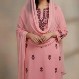 Chic Pink Embroidered Suit for Women – 3 Pcs Set in Linen with Dupatta