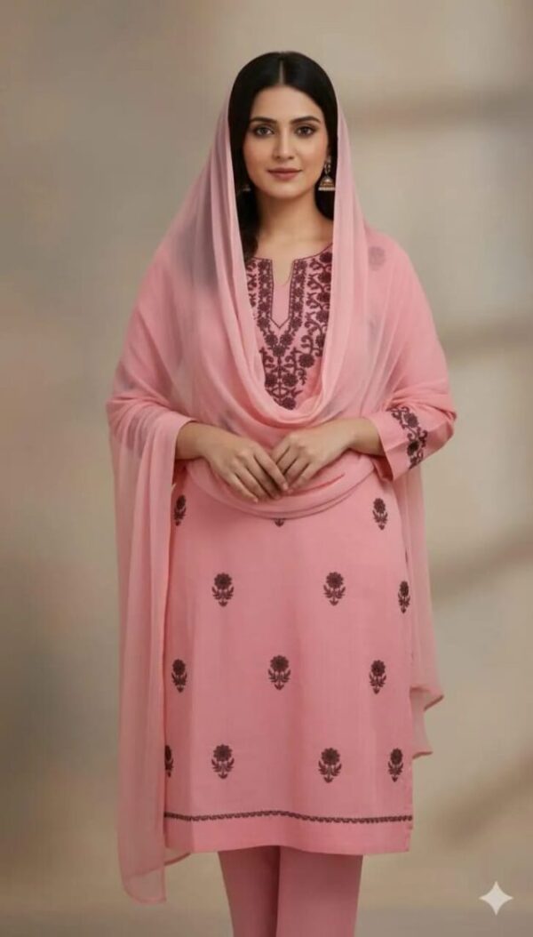 Chic Pink Embroidered Suit for Women - 3 Pcs Set in Linen with Dupatta