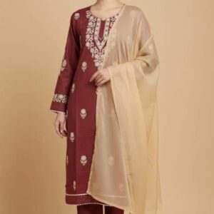 Embroidered Linen Women’s Suit – 3 Pcs in Maroon