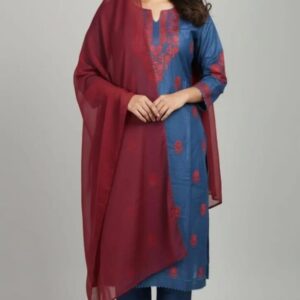 Exquisite Women’s Stitched Suit – Embroidered Linen Ensemble with 3 Pcs in Blue