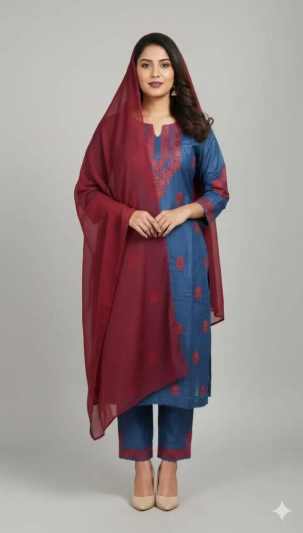 Exquisite Women's Stitched Suit - Embroidered Linen Ensemble with 3 Pcs in Blue