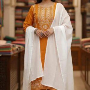 Embroidered Linen Suit Set – 3 Pcs in Elegant Orange
