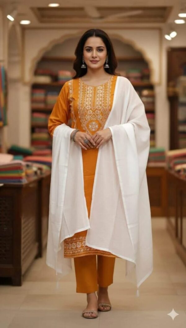 Embroidered Linen Suit Set - 3 Pcs in Elegant Orange