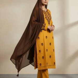 Embroidered Linen Suit Set – 3 Pcs in Orange