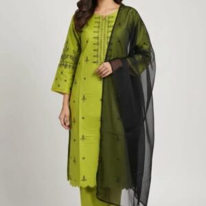 Elegant Green Linen Embroidered Suit – 3 Pcs