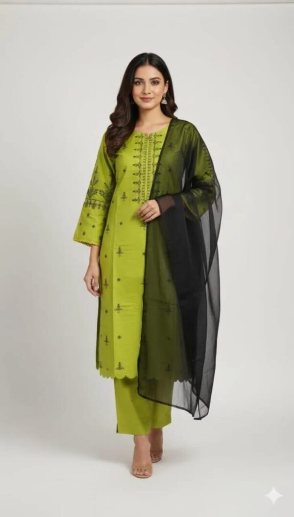 Elegant Green Linen Embroidered Suit - 3 Pcs