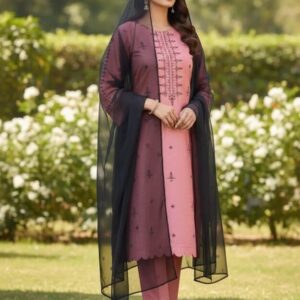 Stylish Pink Linen Embroidered Suit – 3 Pcs Set