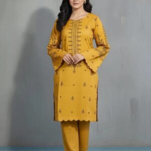 Mustard Linen Embroidered Suit Set – 3 Pcs with Chiffon Dupatta