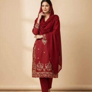 Chic Embroidered Linen Suit Set – 3 Pcs in Maroon