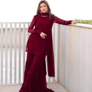3 Pcs Women’s Stitched Chiffon Plain Gharara Suit