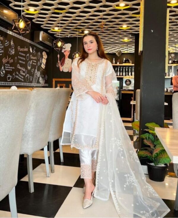 Stunning Embroidered Organza Suit Set - 3 Pcs - White