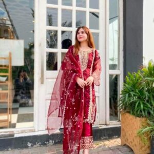 Exquisite Red Organza Embroidered Suit – 3 Pcs Ensemble