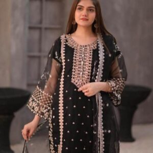 Embroidered Organza Suit Set – 3 Pcs in Black