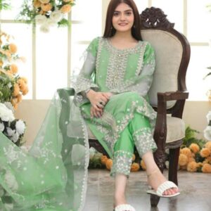 Elegant Green Organza Embroidered Suit Set – 3 Pcs