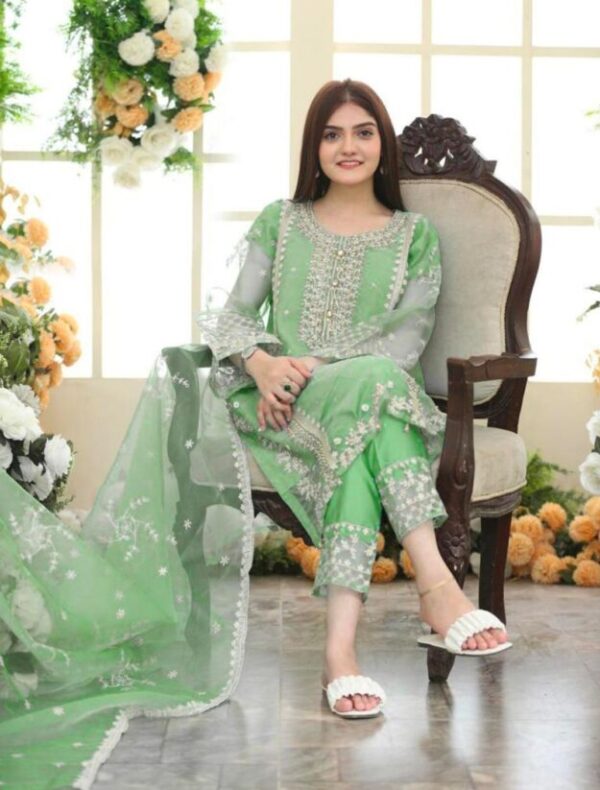 Elegant Green Organza Embroidered Suit Set - 3 Pcs