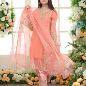 Embroidered Organza Suit Set for Women – 3 Pcs – Stunning Pink Design
