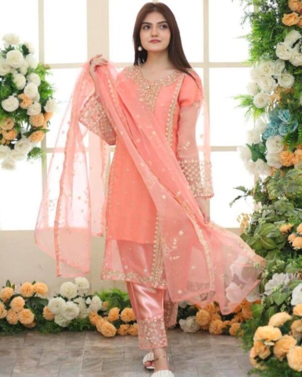 Embroidered Organza Suit Set for Women - 3 Pcs - Stunning Pink Design