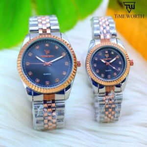 Unisex Quartz Couple Watches – 2 Pcs Water Resistant Round Dial with Chain Strap