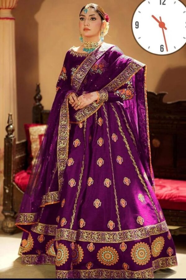 Exquisite 4 Pcs Embroidered Silk Lehenga Choli Set - Stunning Purple Ensemble