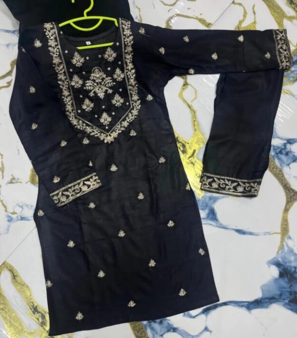 2 Pcs Girl's Linen Embroidered Kurta And Trouser