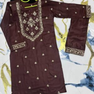 2 Pcs Girl’s Linen Embroidered Kurta And Trouser