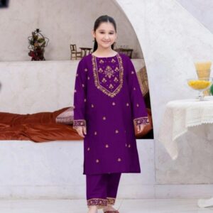 2 Pcs Girl’s Linen Embroidered Kurta And Trouser