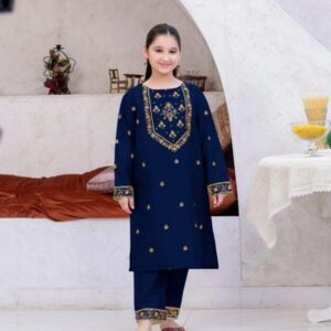 2 Pcs Girl’s Linen Embroidered Kurta And Trouser