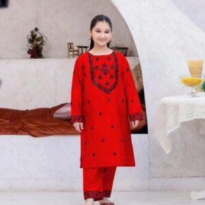 2 Pcs Girl’s Linen Embroidered Kurta And Trouser