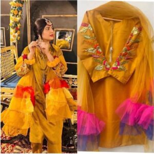 Exquisite Women’s Stitched Embroidered Suit – 3 Pcs Set in Mustard Katan Silk