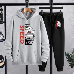 Men’s Fleece Hoodie Track Suit – 2 Pcs Grey Printed Set, Speed